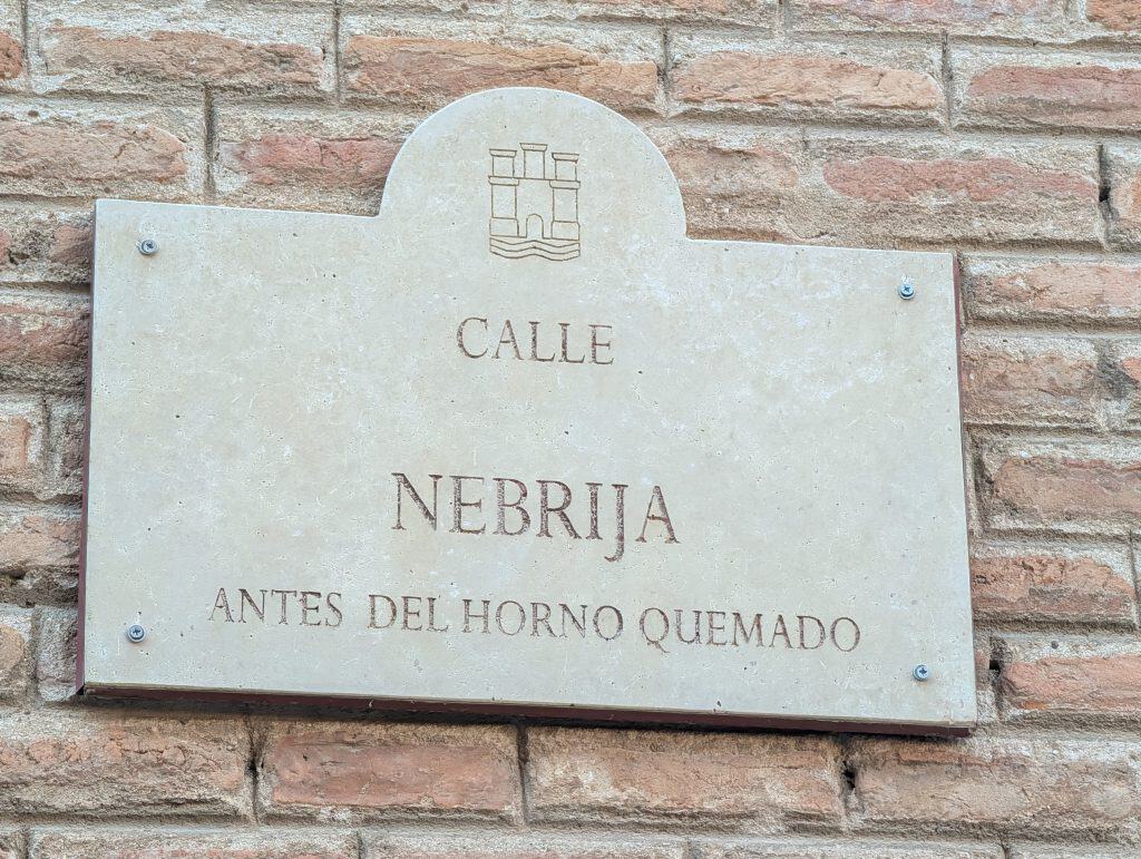 Street sign for Calle Nebrija, a street in Alcalá de Henares, Spain